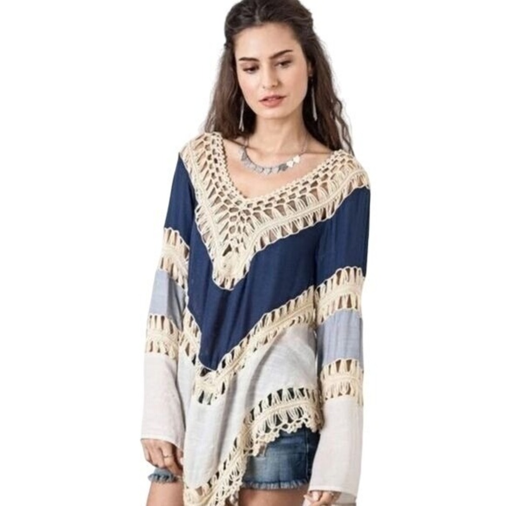 Crochet Fringe Poncho Top Bohemian Festival Cover Up Blue‎ Gray Size